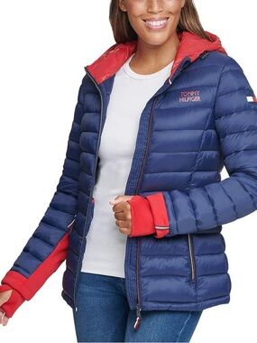 Tommy Hilfiger Womens Navy Blue Red Packable Lightweight Puffer Jacket Size L